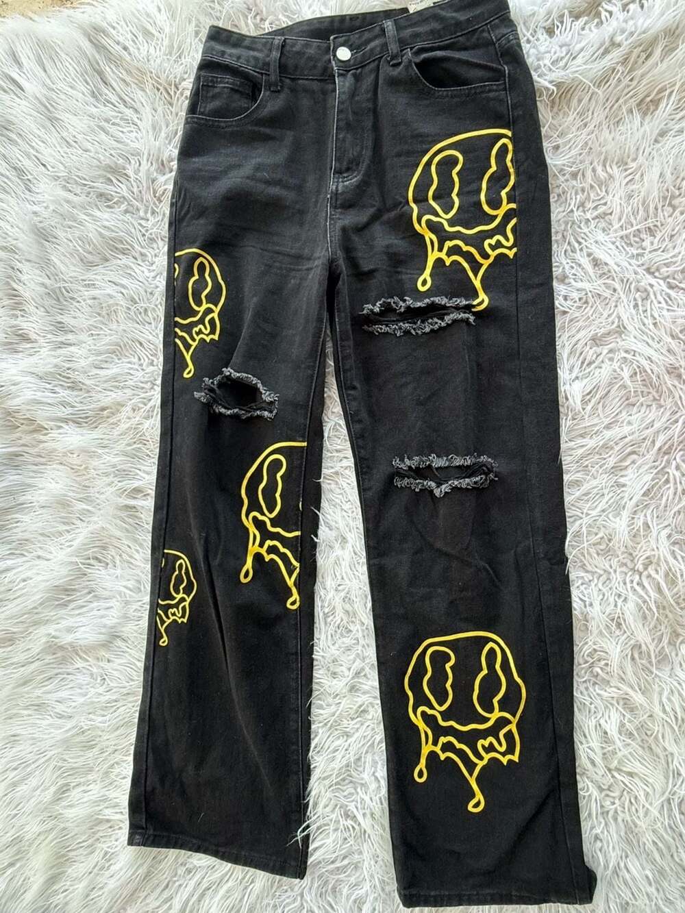 SHEIN Small Jeans Black Wide Leg Ripped with Yellow Dripping Smiley Face Graphic